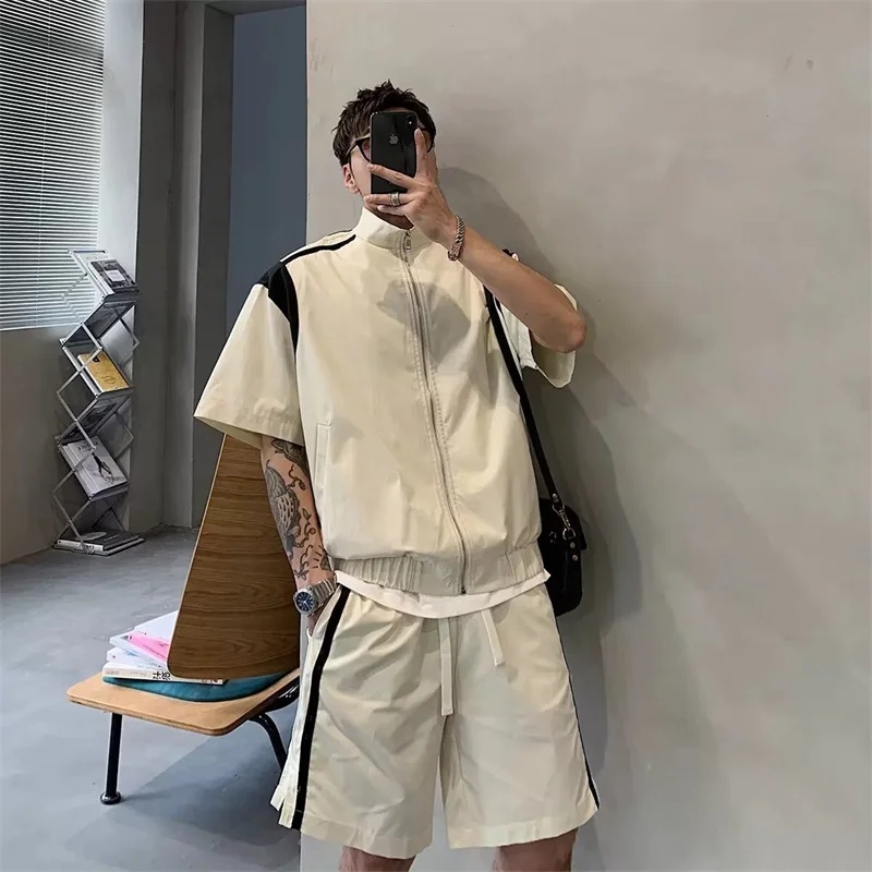 Vintage Zipper - Men Color‑Block Tracksuit Summer Stand Collar