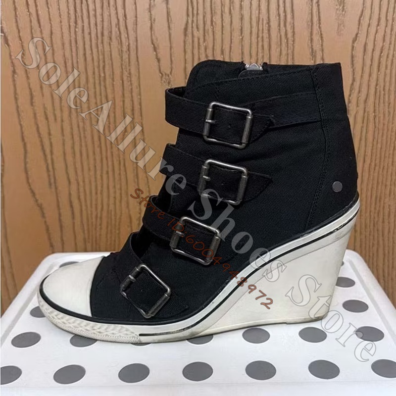 Vintage Zipper - Grey Multi Buckle High Top Wedge